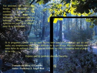 Tus pasiones, tus miedos, tus heridas, tus debilidades, tus secretos y tu agresión, los compartes con todos tus hermanos. ¡Bienvenido a la raza humana! Esos supuestos defectos son parte de tu libertad, parte de tu humanidad. Si te preguntas ¿Quién soy yo para decirte todo esto? Te contestaré que no soy nadie, soy simplemente una versión diferente de lo que tú eres. Otro ser humano más entre miles de millones, pero uno que ha decidido ser libre y recuperar todo el poder de su vida……… Espero que tú también decidas hacerlo. Tomado del libro: El Esclavo Autor: Francisco J. Ángel Real 