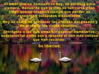 El amor que no demuestres hoy, se perderá para siempre. Recuerda que la vida es tan corta y tan frágil que no tenemos tiempo que perder en rencores y estúpidas discusiones. Hoy es el día de perdonar las ofensas del pasado y de arreglar las viejas rencillas.  Entrégate a los que amas sin esperar cambiarlos, acéptalos tal como son y respeta el don más valioso que han recibido:   Su libertad. 