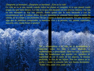 ¡Despierta ya hermano!, ¡Despierta ya hermana!, ¡Esta es la vida!  La vida no es lo que sucede cuando todos tus planes se cumplen, ni lo que pasará cuado tengas eso que tanto deseas. La vida es lo que está pasando en este preciso instante. Tú vida en este momento es leer este párrafo, donde quiera que lo estés haciendo y con las circunstancias que te rodean ahora. En este momento tu corazón lleva sangre a todas las células de tu cuerpo y tus pulmones llevan oxígeno a donde se necesita. En este momento algo que no podemos comprender, te mantiene vivo y te permite, ver, pensar, expresarte, moverte, reír, ¡hasta llorar si quieres! No te acostumbres a la vida, no te acostumbres a despertar todos los días y estar aburrido, o malhumorado, o preocupado. Abre tus ojos y agradece todas las bendiciones que puedes ver, agradece tu capacidad de oír el canto de los pájaros, tu música preferida, la risa de tus hijitos. Pon tus manos en tu pecho y siente tu corazón latir con fuerza diciéndote: “Estás vivo, estás vivo, estás vivo” . 