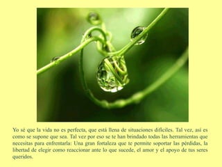 Yo sé que la vida no es perfecta, que está llena de situaciones difíciles. Tal vez, así es
como se supone que sea. Tal vez por eso se te han brindado todas las herramientas que
necesitas para enfrentarla: Una gran fortaleza que te permite soportar las pérdidas, la
libertad de elegir como reaccionar ante lo que sucede, el amor y el apoyo de tus seres
queridos.
 