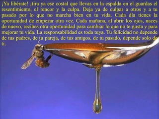 ¡Ya libérate! ¡tira ya ese costal que llevas en la espalda en el guardas el
resentimiento, el rencor y la culpa. Deja ya de culpar a otros y a tu
pasado por lo que no marcha bien en tu vida. Cada día tienes la
oportunidad de empezar otra vez. Cada mañana, al abrir los ojos, naces
de nuevo, recibes otra oportunidad para cambiar lo que no te gusta y para
mejorar tu vida. La responsabilidad es toda tuya. Tu felicidad no depende
de tus padres, de tu pareja, de tus amigos, de tu pasado, depende solo de
ti.
 