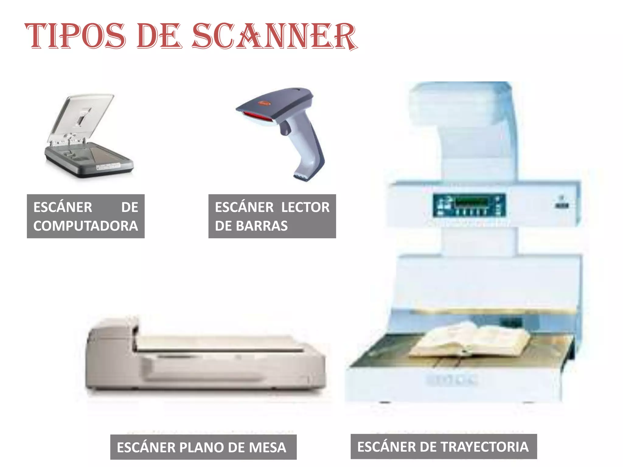 Tipos de scanner escaneado.ESCÁNER DE COMPUTADORAESCÁNER LECTOR DE BARRASESCÁNER DE TRAYECTORIAESCÁNER PLANO DE MESA