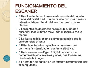 FUNCIONAMIENTO DEL ESCÁNER1 Una fuente de luz ilumina cada sección del papel a través del cristal. La luz se transmite con más o menos intensidad dependiendo del tono de color o de los blancos.2 Los lentes se desplazan sobre el documento a escanear (con el brazo móvil, con el rodillo o con la mano).3 La luz se refleja en un sistema de espejos que la alinean hacia el lente.4 El lente enfoca los rayos hacia un sensor que convierte la intensidad en corriente eléctrica.5 Un conversar analógico / digital convierte esa corriente eléctrica en ceros y unos, que forman los píxeles de la imagen.6 La imagen se guarda en un formato comprensible por el computador.10