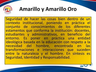 Amarillo y Amarillo Oro 
Seguridad de hacer las cosas bien dentro de un 
contexto institucional, poniendo en práctica el 
conjunto de conocimientos de los diferentes 
estamentos que conforma la institución: docentes, 
estudiantes y administrativos, en beneficio del 
entorno. Es poner en práctica una entidad 
ideológica basada en la educación con respeto a la 
necesidad del hombre, encontrada en las 
transformaciones e interacciones que suceden 
entre la naturaleza y el hombre. En síntesis es 
Seguridad, Identidad y Responsabilidad. 
 