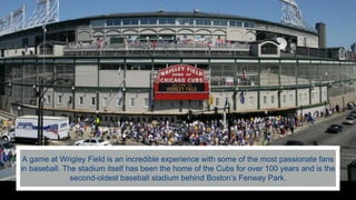 A game at Wrigley Field is an incredible experience with some of the most passionate fans
in baseball. The stadium itself has been the home of the Cubs for over 100 years and is the
second-oldest baseball stadium behind Boston’s Fenway Park.
 