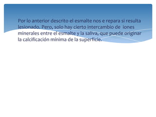 Por lo anterior descrito el esmalte nos e repara si resulta
lesionado. Pero, solo hay cierto intercambio de iones
minerales entre el esmalte y la saliva, que puede originar
la calcificación mínima de la superficie.
 