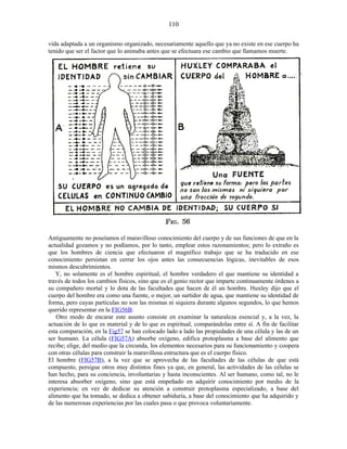vida adaptada a un organismo organizado, necesariamente aquello que ya no existe en ese cuerpo ha
tenido que ser el factor que lo animaba antes que se efectuara ese cambio que llamamos muerte.
Antiguamente no poseíamos el maravilloso conocimiento del cuerpo y de sus funciones de que en la
actualidad gozamos y no podíamos, por lo tanto, emplear estos razonamientos; pero lo extraño es
que los hombres de ciencia que efectuaron el magnífico trabajo que se ha traducido en ese
conocimiento persistan en cerrar los ojos antes las consecuencias lógicas, inevitables de esos
mismos descubrimientos.
Y, no solamente es el hombre espiritual, el hombre verdadero el que mantiene su identidad a
través de todos los cambios físicos, sino que es el genio rector que imparte continuamente órdenes a
su compañero mortal y lo dota de las facultades que hacen de él un hombre. Huxley dijo que el
cuerpo del hombre era como una fuente, o mejor, un surtidor de agua, que mantiene su identidad de
forma, pero cuyas partículas no son las mismas ni siquiera durante algunos segundos, lo que hemos
querido representar en la FIG56B.
Otro modo de encarar este asunto consiste en examinar la naturaleza esencial y, a la vez, la
actuación de lo que es material y de lo que es espiritual, comparándolas entre sí. A fin de facilitar
esta comparación, en la Fig57 se han colocado lado a lado las propiedades de una célula y las de un
ser humano. La célula (FIG57A) absorbe oxígeno, edifica protoplasma a base del alimento que
recibe; elige, del medio que la circunda, los elementos necesarios para su funcionamiento y coopera
con otras células para construir la maravillosa estructura que es el cuerpo físico.
El hombre (FIG57B), a la vez que se aprovecha de las facultades de las células de que está
compuesto, persigue otros muy distintos fines ya que, en general, las actividades de las células se
han hecho, para su conciencia, involuntarias y hasta inconscientes. Al ser humano, como tal, no le
interesa absorber oxígeno, sino que está empeñado en adquirir conocimiento por medio de la
experiencia; en vez de dedicar su atención a construir protoplasma especializado, a base del
alimento que ha tomado, se dedica a obtener sabiduría, a base del conocimiento que ha adquirido y
de las numerosas experiencias por las cuales pasa o que provoca voluntariamente.
110
 