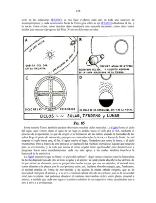 ciclo de las estaciones (FIG65C) se nos hace evidente cada año en toda una sucesión de
acontecimientos: y cada veinticuatro horas la Tierra gira sobre su eje (FIG65D) dándonos el día y
la noche. Estos ciclos, como muchos otros mantienen una sucesión incesante, como otros tantos
latidos que marcan el progreso del Plan Divino en diferentes niveles.
Sobre nuestra Tierra, también pueden observarse muchos ciclos naturales. La Fig66 ilustra el ciclo
del agua: aquí vemos cómo el agua de un lago es atraída hacia el cielo por el Sol, mediante el
proceso de evaporación, lo que da origen a la formación de las nubes; cuando la humedad de las
nubes llega al punto de saturación, precipita su contenido sobre la tierra, en forma de lluvia, la cual
empapa el suelo hasta que, al fin, el agua vuelve al lago, filtrándose por entre la tierra, y el ciclo
recomienza. Pero a través de este proceso la vegetación ha recibido el precioso líquido que necesita
para su crecimiento, y la vida que anima al reino vegetal tiene oportunidad para desarrollarse y
progresar hacia otras manifestaciones cada vez más aptas, a las cuales también beneficia la
humedad de la atmósfera.
La Fig66 muestra lo que se llama “el ciclo del carbono”. Aquí vemos el modo como la Naturaleza
ha hecho depender uno de otro al reino vegetal y al animal: la verde planta absorbe la luz del Sol, de
la que extrae su alimento, pero en proporción mucho mayor que sus necesidades; el animal toma
como alimento a la planta, con lo cual produce calor; así, la planta absorbe energía, que, finalmente,
el animal emplea en forma de movimiento y de acción; la planta exhala oxígeno, que es de
necesidad vital para el animal y, a su vez, el animal exhala bióxido de carbono, que es de necesidad
vital para la planta. Así podemos observar el continuo intercambio cíclico entre planta, mineral y
animal, a medida que cada uno sigue el camino evolutivo de su respectivo reino, ayudándose uno a
otro a vivir y a evolucionar.
128
 