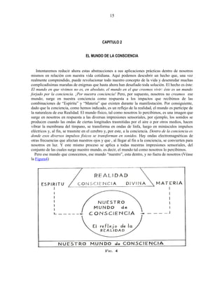 CAPITULO 2
EL MUNDO DE LA CONSCIENCIA
Intentaremos reducir ahora estas abstracciones a sus aplicaciones prácticas dentro de nosotros
mismos en relación con nuestra vida cotidiana. Aquí podemos descubrir un hecho que, una vez
realmente comprendido, puede revolucionar todo nuestro concepto de la vida y desenredar muchas
complicadísimas marañas de enigmas que hasta ahora han desafiado toda solución. El hecho es éste:
El mundo en que vivimos no es, en absoluto, el mundo en el que creemos vivir: éste es un mundo
forjado por la conciencia. ¡Por nuestra conciencia! Pero, por supuesto, nosotros no creamos ese
mundo; surge en nuestra conciencia como respuesta a los impactos que recibimos de las
combinaciones de “Espíritu” y “Materia” que existen durante la manifestación. Por consiguiente,
dado que la conciencia, como hemos indicado, es un reflejo de la realidad, el mundo es partícipe de
la naturaleza de esa Realidad. El mundo físico, tal como nosotros lo percibimos, es una imagen que
surge en nosotros en respuesta a las diversas impresiones sensoriales, por ejemplo, los sonidos se
producen cuando las ondas de ciertas longitudes trasmitidas por el aire o por otros medios, hacen
vibrar la membrana del tímpano, se transforma en ondas de linfa, luego en minúsculos impulsos
eléctricos y, al fin, se trasmite en el cerebro y, por este, a la conciencia. Dentro de la conciencia es
donde esos diversos impulsos físicos se transforman en sonidos. Hay ondas electromagnéticas de
otras frecuencias que afectan nuestros ojos y que , al llegar al fin a la conciencia, se convierten para
nosotros en luz. Y este mismo proceso se aplica a todas nuestras impresiones sensoriales, del
conjunto de las cuales surge nuestro mundo, es decir, el mundo tal como nosotros lo percibimos.
Pero ese mundo que conocemos, ese mundo “nuestro”, esta dentro, y no fuera de nosotros (Véase
la Figura4)
15
 