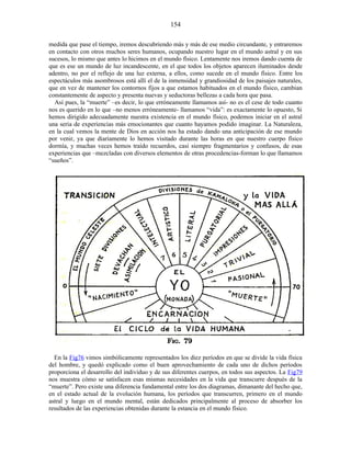 medida que pase el tiempo, iremos descubriendo más y más de ese medio circundante, y entraremos
en contacto con otros muchos seres humanos, ocupando nuestro lugar en el mundo astral y en sus
sucesos, lo mismo que antes lo hicimos en el mundo físico. Lentamente nos iremos dando cuenta de
que es ese un mundo de luz incandescente, en el que todos los objetos aparecen iluminados desde
adentro, no por el reflejo de una luz externa, a ellos, como sucede en el mundo físico. Entre los
espectáculos más asombrosos está allí el de la inmensidad y grandiosidad de los paisajes naturales,
que en vez de mantener los contornos fijos a que estamos habituados en el mundo físico, cambian
constantemente de aspecto y presenta nuevas y seductoras bellezas a cada hora que pasa.
Así pues, la “muerte” –es decir, lo que erróneamente llamamos así- no es el cese de todo cuanto
nos es querido en lo que –no menos erróneamente- llamamos “vida”: es exactamente lo opuesto, Si
hemos dirigido adecuadamente nuestra existencia en el mundo físico, podemos iniciar en el astral
una seria de experiencias más emocionantes que cuanto hayamos podido imaginar. La Naturaleza,
en la cual vemos la mente de Dios en acción nos ha estado dando una anticipación de ese mundo
por venir, ya que diariamente lo hemos visitado durante las horas en que nuestro cuerpo físico
dormía, y muchas veces hemos traído recuerdos, casi siempre fragmentarios y confusos, de esas
experiencias que –mezcladas con diversos elementos de otras procedencias-forman lo que llamamos
“sueños”.
En la Fig76 vimos simbólicamente representados los diez períodos en que se divide la vida física
del hombre, y quedó explicado como el buen aprovechamiento de cada uno de dichos períodos
proporciona el desarrollo del individuo y de sus diferentes cuerpos, en todos sus aspectos. La Fig79
nos muestra cómo se satisfacen esas mismas necesidades en la vida que transcurre después de la
“muerte”. Pero existe una diferencia fundamental entre los dos diagramas, dimanante del hecho que,
en el estado actual de la evolución humana, los períodos que transcurren, primero en el mundo
astral y luego en el mundo mental, están dedicados principalmente al proceso de absorber los
resultados de las experiencias obtenidas durante la estancia en el mundo físico.
154
 