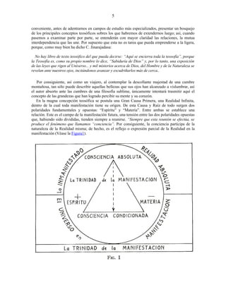 conveniente, antes de adentrarnos en campos de estudio más especializados, presentar un bosquejo
de los principales conceptos teosóficos sobres los que habremos de extendernos luego; así, cuando
pasemos a examinar parte por parte, se entenderán con mayor claridad las relaciones, la mutua
interdependencia que las une. Por supuesto que esta no es tarea que pueda emprenderse a la ligera,
porque, como muy bien ha dicho C. Jinarajadasa:
No hay libro de texto teosófico del que pueda decirse: “Aquí se encierra toda la teosofía”, porque
la Teosofía es, como su propio nombre lo dice, “Sabiduría de Dios” y, por lo tanto, una exposición
de las leyes que rigen al Universo... y mil misterios acerca de Dios, del Hombre y de la Naturaleza se
revelan ante nuestros ojos, incitándonos avanzar y escudriñarlos más de cerca..
Por consiguiente, así como un viajero, al contemplar la descollante majestad de una cumbre
montañosa, tan sólo puede describir aquellas bellezas que sus ojos han alcanzado a vislumbrar, así
el autor absorto ante las cumbres de una filosofía sublime, únicamente intentará trasmitir aquí el
concepto de las grandezas que han logrado percibir su mente y su corazón.
En la magna concepción teosófica se postula una Gran Causa Primera, una Realidad Infinita,
dentro de la cual toda manifestación tiene su origen. De esta Causa y Raíz de todo surgen dos
polaridades fundamentales y opuestas: “Espíritu” y “Materia”. Entre ambas se establece una
relación. Este es el campo de la manifestación futura, una tensión entre las dos polaridades opuestas
que, habiendo sido divididas, tienden siempre a reunirse. “Siempre que esta reunión se efectúa, se
produce el fenómeno que llamamos “conciencia”. Por consiguiente, la conciencia participa de la
naturaleza de la Realidad misma; de hecho, es el reflejo o expresión parcial de la Realidad en la
manifestación (Véase la Figura1).
5
 