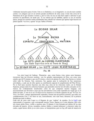 vitalmente necesarios para el éxito. Esto no es fantástico, no es imaginario: es cosa de mero sentido
común. Los antiguos que en un remoto pasado escribieron de estas cosas vivían más cerca de la
Naturaleza de lo que nosotros vivimos y, por lo visto, les era así más fácil captar o adivinar lo que
nosotros no percibimos, de modo que la voz interna que les hablaba, apenas se oye en nuestra
época, porque los externos ruidos mundanales han cobrado tal volumen que apenas logra hacerse oír
jamás aquella “voz leve y quieta” de que habla el Profeta.
Los siete Logoi de Cadenas Planetarias –que, como hemos visto, tantos seres humanos
reconocen bajo tan diversos nombres –son los grandes representantes de Dios; son como siete
canales que de Él emanan y que son Él mismo, a través de quienes Su vida y Sus fuerzas se vierten
sobre todo Su Sistema. Son, asimismo, Sus agentes para la realización de Sus numerosas
actividades, y cada uno de ellos aporta su contribución especial al cumplimiento del Plan Divino.
No es fácil para nosotros hacernos una idea muy clara de las relaciones reales con la Deidad
Suprema, porque todos los esfuerzos humanos que pretenden encerrar tan elevados conceptos en los
marcos tan evidentemente insuficientes como los que componen nuestro lenguaje, casi
necesariamente nos llevarían a creer que tan elevadísimos seres están separados de Aquél que es el
Señor de todos. Y esto no es así. El mayor de los misterios es el hecho supremo de que “El Uno, los
Tres y los Siete”, aunque aparentemente separados, forman una tan perfecta armonía, que todos son
verdaderamente Uno, y los Siete no son, esencialmente, sino siete fases, diríamos, de la perfecta
Deidad que todo lo abarca.
Cada uno de estos siete Logoi es el Regente de una “cadena” de mundos. En la Fig29 está
representado el esquema a que corresponde nuestra Tierra; figuran en él siete planetas, pero sólo
tres tienen globo físico, visible a nuestros ojos. El planeta A está formado por globos de los más
elevados de materia –divino, monádico, átmico, búdico y mental (abstracto y concreto), todos los
cuales, según hemos dicho ya en otros casos, se interpenetran; pero no hay allí nada de materia de
52
 