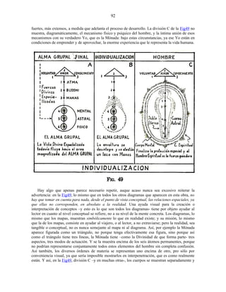fuertes, más extensos, a medida que adelanta el proceso de desarrollo. La división C de la Fig49 no
muestra, diagramáticamente, el mecanismo físico y psíquico del hombre, y la íntima unión de esos
mecanismos con su verdadero Yo, que es la Mónada: bajo estas circunstancias, ya ese Yo están en
condiciones de emprender y de aprovechar, la enorme experiencia que le representa la vida humana.
Hay algo que apenas parece necesario repetir, auque acaso nunca sea excesivo reiterar la
advertencia: en la Fig49, lo mismo que en todos los otros diagramas que aparecen en esta obra, no
hay que tomar en cuenta para nada, desde el punto de vista conceptual, las relaciones espaciales, ya
que ellas no corresponden, en absoluto a la realidad. Una ayuda visual para la creación o
interpretación de conceptos –y esto es lo que son todos los diagramas- tiene por objeto ayudar al
lector en cuanto al nivel conceptual se refiere, no a su nivel de la mente concreta. Los diagramas, lo
mismo que los mapas, muestran simbólicamente lo que en realidad existe; y su misión, lo mismo
que la de los mapas, consiste en ayudar al viajero, o al lector, a no extraviarse; pero la realidad, sea
tangible o conceptual, no es nunca semejante al mapa ni al diagrama. Así, por ejemplo la Mónada
aparece figurada como un triángulo, no porque tenga efectivamente esa figura, sino porque así
como el triángulo tiene tres líneas, la Mónada tiene –como la Divinidad de que forma parte- tres
aspectos, tres modos de actuación. Y se la muestra encima de los seis átomos permanentes, porque
no podrían representarse conjuntamente todos estos elementos del hombre sin completa confusión.
Así también, los diversos órdenes de materia se representan uno encima de otro, pro sólo por
conveniencia visual, ya que sería imposible mostrarlos en interpenetración, que es como realmente
están. Y así, en la Fig49, división C –y en muchas otras-, los cuerpos se muestran separadamente y
92
 