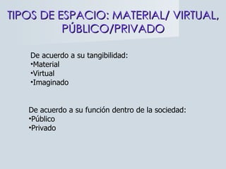 TIPOS DE ESPACIO: MATERIAL/ VIRTUAL, PÚBLICO/PRIVADO De acuerdo a su tangibilidad: Material Virtual Imaginado De acuerdo a su función dentro de la sociedad: Público Privado 