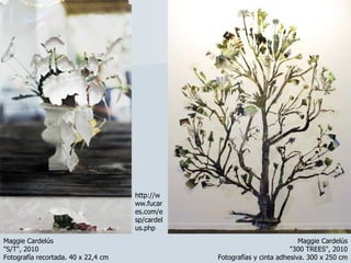 http://www.fucares.com/esp/cardelus.php Maggie Cardelús "300 TREES", 2010 Fotografías y cinta adhesiva. 300 x 250 cm Maggie Cardelús "S/T", 2010 Fotografía recortada. 40 x 22,4 cm 