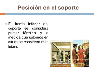 Posición en el soporte
 El borde inferior del
soporte se considera
primer término y a
medida que subimos en
altura se considera más
lejano.
 