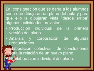La consignación que se daría a los alumnos
seria que dibujaran un plano del aula y para
que ello la dibujaran vista “desde arriba”
algunas actividades previstas :
• Producción individual de la primera
versión del plano.
• Análisis y corporación de algunas
producciones
• Elaboración colectiva de conclusiones
para la relación de un nuevo plano.
• Reelaboración individual del plano.
 