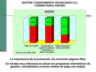 La importancia de la promoción. Se contratan páginas Web. En niveles muy inferiores se sitúan los programas informáticos de gestión, contabilidad e incluso medios de pago con tarjeta. GESTIÓN Y EQUIPAMIENTO TECNOLÓGICO (%). TURISMO RURAL ESPAÑA Fuente: Luis Valdés, 2004 