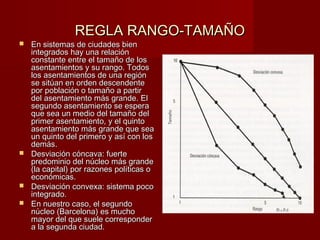 REGLA RANGO-TAMAÑOREGLA RANGO-TAMAÑO
 En sistemas de ciudades bienEn sistemas de ciudades bien
integrados hay una relaciónintegrados hay una relación
constante entre el tamaño de losconstante entre el tamaño de los
asentamientos y su rango. Todosasentamientos y su rango. Todos
los asentamientos de una regiónlos asentamientos de una región
se sitúan en orden descendentese sitúan en orden descendente
por población o tamaño a partirpor población o tamaño a partir
del asentamiento más grande. Eldel asentamiento más grande. El
segundo asentamiento se esperasegundo asentamiento se espera
que sea un medio del tamaño delque sea un medio del tamaño del
primer asentamiento, y el quintoprimer asentamiento, y el quinto
asentamiento más grande que seaasentamiento más grande que sea
un quinto del primero y así con losun quinto del primero y así con los
demás.demás.
 Desviación cóncava: fuerteDesviación cóncava: fuerte
predominio del núcleo más grandepredominio del núcleo más grande
(la capital) por razones políticas o(la capital) por razones políticas o
económicas.económicas.
 Desviación convexa: sistema pocoDesviación convexa: sistema poco
integrado.integrado.
 En nuestro caso, el segundoEn nuestro caso, el segundo
núcleo (Barcelona) es muchonúcleo (Barcelona) es mucho
mayor del que suele correspondermayor del que suele corresponder
a la segunda ciudad.a la segunda ciudad.
 