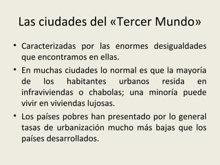 •Los principales problemas que presentan las
ciudades norteamericanas son:
los presupuestos municipales
insuficientes para afrontar los gastos que
genera la ciudad; la degradación del
centro, sobre todo en cuanto a
equipamientos públicos se refiere
(edificios y carreteras en mal estado);
los conflictos derivados de la
segregación racial del espacio; la
violencia urbana;
 la contaminación atmosférica, y los
problemas de tráfico en las horas punta
debido a los intensos movimientos entre
el centro y los suburbios, ya que el
automóvil es el medio de transporte más
utilizado.
En Los Ángeles, el 97 % de los
desplazamientos se realizan en vehículos
particulares.

 