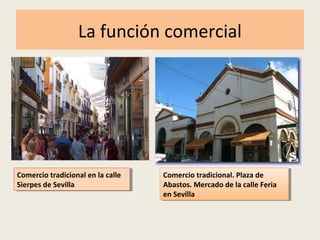 La función comercial
Comercio tradicional en la calle
Sierpes de Sevilla
Comercio tradicional en la calle
Sierpes de Sevilla
Comercio tradicional. Plaza de
Abastos. Mercado de la calle Feria
en Sevilla
Comercio tradicional. Plaza de
Abastos. Mercado de la calle Feria
en Sevilla
 