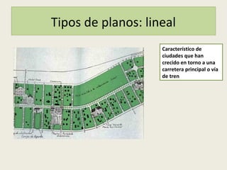 Tipos de planos: lineal
Característico de
ciudades que han
crecido en torno a una
carretera principal o vía
de tren
 