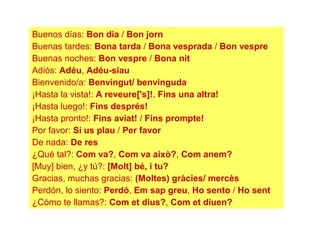 Buenos días: Bon dia / Bon jorn
Buenas tardes: Bona tarda / Bona vesprada / Bon vespre
Buenas noches: Bon vespre / Bona nit
Adiós: Adéu, Adéu-siau
Bienvenido/a: Benvingut/ benvinguda
¡Hasta la vista!: A reveure['s]!, Fins una altra!
¡Hasta luego!: Fins després!
¡Hasta pronto!: Fins aviat! / Fins prompte!
Por favor: Si us plau / Per favor
De nada: De res
¿Qué tal?: Com va?, Com va això?, Com anem?
[Muy] bien, ¿y tú?: [Molt] bé, i tu?
Gracias, muchas gracias: (Moltes) gràcies/ mercès
Perdón, lo siento: Perdó, Em sap greu, Ho sento / Ho sent
¿Cómo te llamas?: Com et dius?, Com et diuen?
 