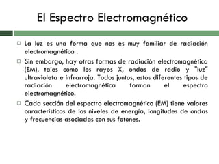 El Espectro Electromagnético La luz es una forma que nos es muy familiar de radiación electromagnética .  Sin embargo, hay otras formas de radiación electromagnética (EM), tales como los rayos X, ondas de radio y "luz" ultravioleta e infrarroja. Todos juntos, estos diferentes tipos de radiación electromagnética forman el espectro electromagnético. Cada sección del espectro electromagnético (EM) tiene valores característicos de los niveles de energía, longitudes de ondas y frecuencias asociadas con sus fotones.  