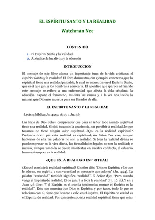 El espiritu santo y la realidad watchman nee | PDF