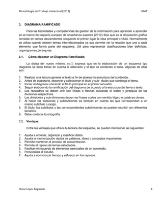 Metodología del Trabajo Intelectual (2012)                                                        USAT



3.     DIAGRAMA RAMIFICADO

      Para las habilidades y competencias de gestión de la información para aprender a aprender
en el marco del espacio europeo de enseñanza superior (2010) dice que es la disposición gráfica
consiste en ramas descendentes ocupando el primer lugar la idea principal o título. Normalmente
se utiliza cuando existen temas interrelacionados ya que permite ver la relación que une a cada
elemento que forma parte del esquema. Útil para representar clasificaciones bien definidas,
organigramas, jerarquías.

3.1.     Cómo elaborar un Diagrama Ramificado:

      La divisa del nuevo milenio. (s.f.) expresa que en la elaboración de un esquema tipo
diagrama se debe tomar en cuenta la extensión y el tipo de contenido o tema. Algunas de ellas
son:

1.     Realizar una lectura general al texto a fin de abrevar la estructura del contenido.
2.     Antes de elaborarlo, observar y seleccionar el título y sub- títulos que contenga el tema.
3.     Iniciar el diagrama ubicando el título principal en el primer recuadro.
4.     Seguir elaborando la ramificación del diagrama de acuerdo a la estructura del tema o texto.
5.     Los recuadros se deben unir con líneas o flechas cuidando el orden y jerarquía de las
       divisiones respectivas.
6.     Las divisiones y sub-divisiones deben ser frases cortas con sentido lógico o palabras claves.
7.     Al hacer las divisiones y subdivisiones se tendrán en cuenta las que correspondan a un
       mismo subtítulo o rango.
8.     El título, los subtítulos y las correspondientes subdivisiones se pueden escribir con diferentes
       tamaños.
9.     Debe cuidarse la ortografía.

3.2. Ventajas:

        Entre las ventajas que ofrece la técnica del esquema, se pueden mencionar las siguientes:

1.     Ayuda a ordenar, organizar y clasificar datos.
2.     Ayuda la memorización rápida de palabras, ideas o conceptos importantes.
3.     Permite mantener el proceso de concentración.
4.     Permite el repaso de temas estudiados.
5.     Facilitan el recuerdo de elementos esenciales de un contenido.
6.     Personaliza el estudio.
7.     Ayuda a economizar tiempo y esfuerzo en los repasos.




Oscar López Regalado                                                                                      4
 
