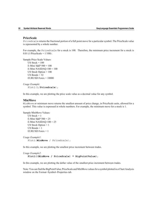 92   Symbol Attribute Reserved Words                                         EasyLanguage Essentials Programmers Guide



     PriceScale
     PriceScale returns the fractional portion of a full point move for a particular symbol. The PriceScale value
     is represented by a whole number.

     For example, the PriceScale for a stock is 100. Therefore, the minimum price increment for a stock is
     0.01 (1/PriceScale = 1/100) .

     Sample Price Scale Values:
        US Stock = 100
        E-Mini S&P 500 = 100
        E-Mini NASDAQ 100 = 100
        US Stock Option = 100
        US Bonds = 32
        EURUSD Forex = 10000

     Usage Example:
        Plot1(1/PriceScale);

     In this example, we are plotting the price scale value as a decimal value for any symbol.

     MinMove
     MinMove or minimum move returns the smallest amount of price change, in PriceScale units, allowed for a
     symbol. This value is expressed in whole numbers. For example, the minimum move for a stock is 1.

     Sample MinMove Values:
        US Stock = 1
        E-Mini S&P 500 = 25
        E-Mini NASDAQ 100 = 25
        US Stock Option = 1
        US Bonds = 1
        EURUSD Forex = 1

     Usage Example1:
        Plot1(MinMove / PriceScale);

     In this example, we are plotting the smallest price increment between trades.

     Usage Example2:
        Plot1((MinMove / PriceScale) * BigPointValue);

     In this example, we are plotting the dollar value of the smallest price increment between trades.

     Note: You can find the BigPointValue, PriceScale and MinMove values for a symbol plotted in a Chart Analysis
     window on the Format~Symbol~Properties tab.
 