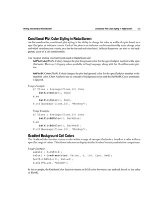 Writing Indicators for RadarScreen                                       Conditional Plot Color Styling in RadarScreen   123




     Conditional Plot Color Styling in RadarScreen
     As discussed earlier, conditional plot styling is the ability to change the color or width of a plot based on a
     specified price or indicator criteria. Each of the plots in an indicator can be conditionally set to change color
     and width based on your criteria, on a bar-by-bar and real-time basis. In RadarScreen we can also set the back-
     ground color of a cell conditionally.

     The two plot styling reserved words used in RadarSceen are:
         SetPlotColor(PlotN, Color) changes the plot foreground color for the specified plot number to the spec-
         ified color. There are 16 legacy colors available in EasyLanguage, along with the 16-million color pal-
         lete.

           SetPlotBGColor(PlotN, Color) changes the plot background color for the specified plot number to the
           specified color. Chart Analysis has no concept of background color and the SetPlotBGColor command
           is ignored.

     Usage Example:
        if Close > Average(Close,10) then
              SetPlotColor(1, Cyan)
        else
              SetPlotColor(1, Red);
        Plot1(Average(Close,10), "MovAvg");

           Usage Example:
           if Close > Average(Close,10) then
                SetPlotBGColor(1, DarkBlue)
           else
                SetPlotBGColor(1, DarkRed);
           Plot1(Average(Close,10), "MovAvg");

     Gradient Background Cell Colors
     The GradientColor function returns a color within a range of two specified colors, based on a value within a
     specified range of values. This allows indicators to display detailed levels of intensity and relative comparisons.

     Usage Example:
        Value1 = SlowK(14);
        Value2 = GradientColor( Value1, 0, 100, Cyan, Red);
        SetPlotBGColor(1, Value2);
        Plot1(Value1, "SlowK");

     In this example, the GradientColor function returns an RGB color between cyan and red, based on the value
     of SlowK.
 
