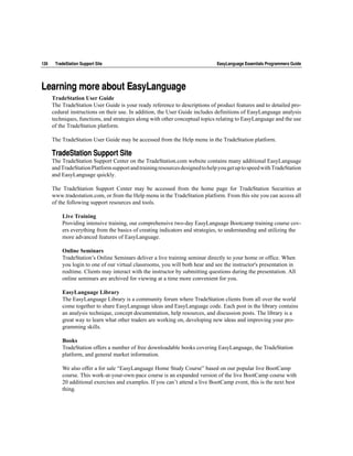 126    TradeStation Support Site                                               EasyLanguage Essentials Programmers Guide




Learning more about EasyLanguage
      TradeStation User Guide
      The TradeStation User Guide is your ready reference to descriptions of product features and to detailed pro-
      cedural instructions on their use. In addition, the User Guide includes definitions of EasyLanguage analysis
      techniques, functions, and strategies along with other conceptual topics relating to EasyLanguage and the use
      of the TradeStation platform.

      The TradeStation User Guide may be accessed from the Help menu in the TradeStation platform.

      TradeStation Support Site
      The TradeStation Support Center on the TradeStation.com website contains many additional EasyLanguage
      and TradeStation Platform support and training resources designed to help you get up to speed with TradeStation
      and EasyLanguage quickly.

      The TradeStation Support Center may be accessed from the home page for TradeStation Securities at
      www.tradestation.com, or from the Help menu in the TradeStation platform. From this site you can access all
      of the following support resources and tools.

          Live Training
          Providing intensive training, our comprehensive two-day EasyLanguage Bootcamp training course cov-
          ers everything from the basics of creating indicators and strategies, to understanding and utilizing the
          more advanced features of EasyLanguage.

          Online Seminars
          TradeStation’s Online Seminars deliver a live training seminar directly to your home or office. When
          you login to one of our virtual classrooms, you will both hear and see the instructor's presentation in
          realtime. Clients may interact with the instructor by submitting questions during the presentation. All
          online seminars are archived for viewing at a time more convenient for you.

          EasyLanguage Library
          The EasyLanguage Library is a community forum where TradeStation clients from all over the world
          come together to share EasyLanguage ideas and EasyLanguage code. Each post in the library contains
          an analysis technique, concept documentation, help resources, and discussion posts. The library is a
          great way to learn what other traders are working on, developing new ideas and improving your pro-
          gramming skills.

          Books
          TradeStation offers a number of free downloadable books covering EasyLanguage, the TradeStation
          platform, and general market information.

          We also offer a for sale “EasyLanguage Home Study Course” based on our popular live BootCamp
          course. This work-at-your-own-pace course is an expanded version of the live BootCamp course with
          20 additional exercises and examples. If you can’t attend a live BootCamp event, this is the next best
          thing.
 