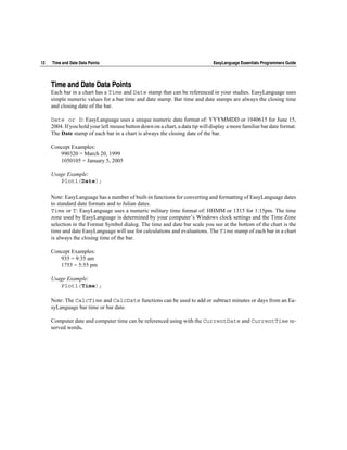 12   Time and Date Data Points                                                  EasyLanguage Essentials Programmers Guide




     Time and Date Data Points
     Each bar in a chart has a Time and Date stamp that can be referenced in your studies. EasyLanguage uses
     simple numeric values for a bar time and date stamp. Bar time and date stamps are always the closing time
     and closing date of the bar.

     Date or D: EasyLanguage uses a unique numeric date format of: YYYMMDD or 1040615 for June 15,
     2004. If you hold your left mouse button down on a chart, a data tip will display a more familiar bar date format.
     The Date stamp of each bar in a chart is always the closing date of the bar.

     Concept Examples:
        990320 = March 20, 1999
        1050105 = January 5, 2005

     Usage Example:
        Plot1(Date);

     Note: EasyLanguage has a number of built-in functions for converting and formatting of EasyLanguage dates
     to standard date formats and to Julian dates.
     Time or T: EasyLanguage uses a numeric military time format of: HHMM or 1315 for 1:15pm. The time
     zone used by EasyLanguage is determined by your computer’s Windows clock settings and the Time Zone
     selection in the Format Symbol dialog. The time and date bar scale you see at the bottom of the chart is the
     time and date EasyLanguage will use for calculations and evaluations. The Time stamp of each bar in a chart
     is always the closing time of the bar.

     Concept Examples:
        935 = 9:35 am
        1755 = 5:55 pm

     Usage Example:
        Plot1(Time);

     Note: The CalcTime and CalcDate functions can be used to add or subtract minutes or days from an Ea-
     syLanguage bar time or bar date.

     Computer date and computer time can be referenced using with the CurrentDate and CurrentTime re-
     served words.
 