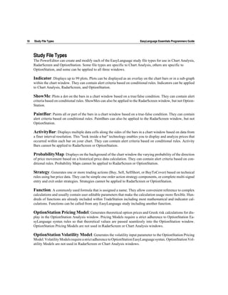 18   Study File Types                                                         EasyLanguage Essentials Programmers Guide




     Study File Types
     The PowerEditor can create and modify each of the EasyLanguage study file types for use in Chart Analysis,
     RadarScreen and OptionStation. Some file types are specific to Chart Analysis, others are specific to
     OptionStation, and some can be applied to all three windows.

     Indicator: Displays up to 99 plots. Plots can be displayed as an overlay on the chart bars or in a sub-graph
     within the chart window. They can contain alert criteria based on conditional rules. Indicators can be applied
     to Chart Analysis, RadarScreen, and OptionStation.

     ShowMe: Plots a dot on the bars in a chart window based on a true/false condition. They can contain alert
     criteria based on conditional rules. ShowMes can also be applied to the RadarScreen window, but not Option-
     Station.

     PaintBar: Paints all or part of the bars in a chart window based on a true-false condition. They can contain
     alert criteria based on conditional rules. PaintBars can also be applied to the RadarScreen window, but not
     OptionStation.

     ActivityBar: Displays multiple data cells along the sides of the bars in a chart window based on data from
     a finer interval resolution. This "look inside a bar" technology enables you to display and analyze prices that
     occurred within each bar on your chart. They can contain alert criteria based on conditional rules. Activity
     Bars cannot be applied to RadarScreen or OptionStation.

     ProbabilityMap: Displays on the background of the chart window the varying probability of the direction
     of price movement based on a historical price data calculation. They can contain alert criteria based on con-
     ditional rules. Probability Maps cannot be applied to RadarScreen or OptionStation.

     Strategy: Generates one or more trading actions (Buy, Sell, SellShort, or BuyToCover) based on technical
     rules using bar price data. They can be simple one order action strategy components, or complete multi-signal
     entry and exit order strategies. Strategies cannot be applied to RadarScreen or OptionStation.

     Function: A commonly used formula that is assigned a name. They allow convenient reference to complex
     calculations and usually contain user editable parameters that make the calculation usage more flexible. Hun-
     dreds of functions are already included within TradeStation including most mathematical and indicator cal-
     culations. Functions can be called from any EasyLanguage study including another function.

     OptionStation Pricing Model: Generates theoretical option prices and Greek risk calculations for dis-
     play in the OptionStation Analysis window. Pricing Models require a strict adherence to OptionStation Ea-
     syLanguage syntax rules so that theoretical values are passed seamlessly into the OptionStation window.
     OptionStation Pricing Models are not used in RadarScreen or Chart Analysis windows.

     OptionStation Volatility Model: Generates the volatility input parameter to the OptionStation Pricing
     Model. Volatility Models require a strict adherence to OptionStation EasyLanguage syntax. OptionStation Vol-
     atility Models are not used in RadarScreen or Chart Analysis windows.
 