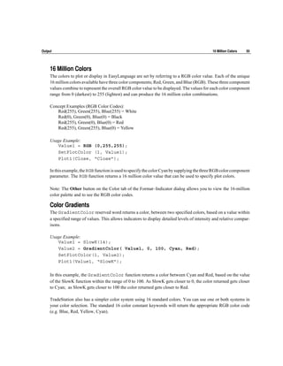 Output                                                                                          16 Million Colors   55




     16 Million Colors
     The colors to plot or display in EasyLanguage are set by referring to a RGB color value. Each of the unique
     16 million colors available have three color components; Red, Green, and Blue (RGB). These three component
     values combine to represent the overall RGB color value to be displayed. The values for each color component
     range from 0 (darkest) to 255 (lightest) and can produce the 16 million color combinations.

     Concept Examples (RGB Color Codes):
        Red(255), Green(255), Blue(255) = White
        Red(0), Green(0), Blue(0) = Black
        Red(255), Green(0), Blue(0) = Red
        Red(255), Green(255), Blue(0) = Yellow

     Usage Example:
        Value1 = RGB (0,255,255);
        SetPlotColor (1, Value1);
        Plot1(Close, “Close”);

     In this example, the RGB function is used to specify the color Cyan by supplying the three RGB color component
     parameter. The RGB function returns a 16 million color value that can be used to specify plot colors.

     Note: The Other button on the Color tab of the Format~Indicator dialog allows you to view the 16-million
     color palette and to see the RGB color codes.

     Color Gradients
     The GradientColor reserved word returns a color, between two specified colors, based on a value within
     a specified range of values. This allows indicators to display detailed levels of intensity and relative compar-
     isons.

     Usage Example:
        Value1 = SlowK(14);
        Value2 = GradientColor( Value1, 0, 100, Cyan, Red);
        SetPlotColor(1, Value2);
        Plot1(Value1, “SlowK”);

     In this example, the GradientColor function returns a color between Cyan and Red, based on the value
     of the SlowK function within the range of 0 to 100. As SlowK gets closer to 0, the color returned gets closer
     to Cyan; as SlowK gets closer to 100 the color returned gets closer to Red.

     TradeStation also has a simpler color system using 16 standard colors. You can use one or both systems in
     your color selection. The standard 16 color constant keywords will return the appropriate RGB color code
     (e.g. Blue, Red, Yellow, Cyan).
 
