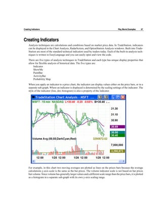 Creating Indicators                                                                            Play Movie Examples    67




Creating Indicators
     Analysis techniques are calculations and conditions based on market price data. In TradeStation, indicators
     can be displayed in the Chart Analysis, RadarScreen, and OptionStation Analysis windows. Built into Trade-
     Station are most of the standard technical indicators used by traders today. Each of the built-in analysis tech-
     niques is written in EasyLanguage and you can easily open and view the code.

     There are five types of analysis techniques in TradeStation and each type has unique display properties that
     allow for flexible analysis of historical data. The five types are:
         Indicator
         ShowMe
         PaintBar
         ActivityBar
         Probability Map

     When you apply an indicator to a price chart, the indicator can display values either on the price bars, or in a
     separate sub-graph. Where an indicator is displayed is determined by the scaling settings of the indicator. The
     style of the indicator (line, dot, histogram) is also a property of the indicator.




     For example, in this chart two moving averages are plotted as lines on the prices bars because the average
     calculations y-axis scale is the same as the bar prices. The volume indicator scale is not based on bar prices
     but volume. Since volume has generally larger values and a different scale range than the price bars, it is plotted
     as a histogram in a separate sub-graph with its own y-axis scaling range.
 