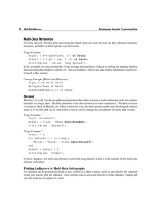 72   Multi-Data Reference                                                    EasyLanguage Essentials Programmers Guide




     Multi-Data Reference
     Not only can you reference price data using the DataX reserved word, but you can also reference formulas,
     functions, and other symbol-specific reserved words.

     Usage Example:
          Value1 = Average(Close, 10) of Data2;
          Value2 = ((High + Low) * .5) of Data2;
          Plot1(Value2 - Value1, "Avg Spread");
     In this example, we can calculate the 10-bar average and mid-price of data2 by calling the average function
     and calculating the midprice with the of data2 modifier. Almost any data-related information can be ref-
     erenced in this manner.

     Concept Example (Multi-Data Reference):
        BigPointValue of Data2
        GetSymbolName of Data2
        SessionEndTime(1,1) of Data2

     Data(n)
     The reserved word Data has an additional parameter that makes it easier to work with many multi-data-stream
     elements in a single chart. The Data parameter is the data element you want to reference. This data reference
     is written as Data(1), Data(2), etc. When written this way, the data element number may be changed using an
     input or a variable, and can be used within a loop to easily manage the calculations for many data streams.

     Usage Example1:
        Input: DataNum(2);
        Value1 = Close - Close Data(DataNum);
        Plot1(Value1, "Spread");

     Usage Example2:
        Value1 = 0;
        For Value99 = 1 to 6 begin
            Value1 = Value1 + Close Data(Value99);
        end;
        Value2 = Value1 / 6;
        Plot1(Value2, "Index");

     In these examples, the multi-data element is specified using data(n), where n is the number of the multi-data
     element in the chart.

     Plotting Indicators in Multi-Data Sub-graphs
     An indicator can be plotted and based on any symbol in a chart window, and you can specify the subgraph
     where you want to plot the indicator. These settings can be accessed from the Format Indicator~Scaling tab
     once the indicator is applied to a chart.
 