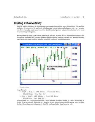 Creating a ShowMe Study                                                      Indicator Properties in the PowerEditor   75




Creating a ShowMe Study
     ShowMe studies place a dot on those bars that meets a specific condition or set of conditions. They are best
     used when the objective of the analysis is to find a unique criteria that normally happens once every so many
     bars. ShowMe studies are invaluable tools for identifying chart patterns and conditions that can be the basis
     for your strategy trading rules.

     Writing a ShowMe study is very similar to writing an indicator. By using the Plot statement inside a true/false
     IF condition, the Plot is only executed and a dot plotted on the bar when the criteria is met. A single ShowMe
     study can have a single condition and plot, or multiple conditions and plot statements.




           ShowMe Indicator

     Usage Example:
          if High > High[1] AND Close < Close[1] Then
                Plot1(High, “Key Rev Dn”);
          if Low < Low[1] AND Close > Close[1] Then
                Plot2(Low, “Key Rev Up”);
     In this example of a Key Reversal ShowMe, a dot is plotted at the high of the bar for a down reversal and at
     the low for an up reversal. Notice that in a ShowMe the plot statement specifies the value at which to place
     the ShowMe on the y-axis in the chart. A ShowMe can be applied to RadarScreen as well.
 