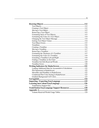 ix



Drawing Objects ....................................................................................112
     Text Objects ................................................................................................. 112
     Creating a Text Object ................................................................................. 112
     Moving a Text Object .................................................................................. 113
     Removing a Text Object .............................................................................. 113
     Formatting Style of Text Objects................................................................. 113
     Formatting the Color of a Text Object......................................................... 114
     Changing the Text Object Message ............................................................. 114
     Getting Text Object Values ......................................................................... 114
     Text Object Errors........................................................................................ 115
     Trendlines .................................................................................................... 116
     Creating a Trendline .................................................................................... 116
     Moving a Trendline...................................................................................... 117
     Removing a Trendline.................................................................................. 117
     Formatting the Thickness of a Trendline ..................................................... 117
     Formatting the Color of a Trendline ............................................................ 118
     Extending a Trendline Left and Right ......................................................... 118
     Finding a Trendline on the Chart ................................................................. 119
     Trendline Get Info Reserved Words ............................................................ 120
     Trendline Errors ........................................................................................... 120
Writing Indicators for RadarScreen....................................................121
     Loading Additional Data for Accumulative Calculations ........................... 122
     Plot Statements in RadarScreen ................................................................... 122
     ShowMes and PaintBars in RadarScreen..................................................... 122
     Conditional Plot Color Styling in RadarScreen ........................................... 123
     Gradient Background Cell Colors................................................................ 123
GetAppInfo.............................................................................................124
Importing / Exporting EasyLanguage .................................................125
Learning more about EasyLanguage ...................................................126
     TradeStation Support Site ............................................................................ 126
TradeStation EasyLanguage Support Resources ...............................128
Appendix A .............................................................................................129
     Volume Reserved Words Usage Tables ...................................................... 129
 
