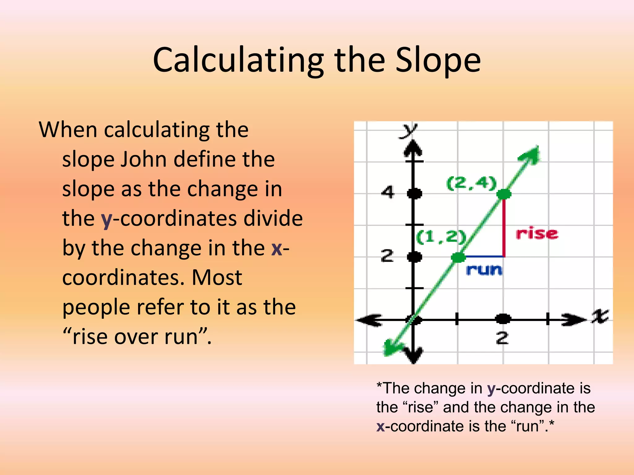 Calculating the Slope
When calculating the
 slope John define the
 slope as the change in
 the y-coordinates divide
 by the change in the x-
 coordinates. Most
 people refer to it as the
 “rise over run”.

                             *The change in y-coordinate is
                             the “rise” and the change in the
                             x-coordinate is the “run”.*
 