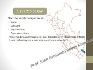 • El territorio esta compuesto de:
• Suelo
• Subsuelo
• Espacio aéreo
• Espacio marítimo
Fronteras: Líneas demarcatorias que delimitan el territorio entre Estados
(Línea real o imaginaria que separa un Estado de otro)
1.285.215,60 km²
 