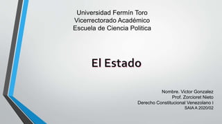 Universidad Fermín Toro
Vicerrectorado Académico
Escuela de Ciencia Politica
Nombre. Victor Gonzalez
Prof. Zorcioret Nieto
Derecho Constitucional Venezolano I
SAIA A 2020/02
 