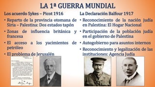 LA 1ª GUERRA MUNDIAL
Los acuerdo Sykes – Picot 1916
• Reparto de la provincia otomana de
Siria – Palestina: Dos estados tapón
• Zonas de influencia británica y
francesa
• El acceso a los yacimientos de
petróleo
• El problema de Jerusalén
La Declaración Balfour 1917
• Reconocimiento de la nación judía
en Palestina: El Hogar Nacional
• Participación de la población judía
en el gobierno de Palestina
• Autogobierno para asuntos internos
• Reconocimiento y legalización de las
instituciones: Agencia Judía
 