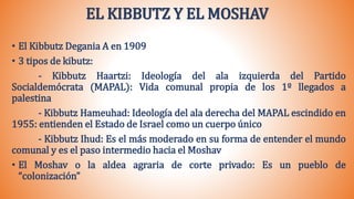 EL KIBBUTZ Y EL MOSHAV
• El Kibbutz Degania A en 1909
• 3 tipos de kibutz:
- Kibbutz Haartzi: Ideología del ala izquierda del Partido
Socialdemócrata (MAPAL): Vida comunal propia de los 1º llegados a
palestina
- Kibbutz Hameuhad: Ideología del ala derecha del MAPAL escindido en
1955: entienden el Estado de Israel como un cuerpo único
- Kibbutz Ihud: Es el más moderado en su forma de entender el mundo
comunal y es el paso intermedio hacia el Moshav
• El Moshav o la aldea agraria de corte privado: Es un pueblo de
“colonización”
 