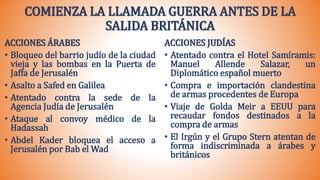 COMIENZA LA LLAMADA GUERRA ANTES DE LA
SALIDA BRITÁNICA
ACCIONES ÁRABES
• Bloqueo del barrio judío de la ciudad
vieja y las bombas en la Puerta de
Jaffa de Jerusalén
• Asalto a Safed en Galilea
• Atentado contra la sede de la
Agencia Judía de Jerusalén
• Ataque al convoy médico de la
Hadassah
• Abdel Kader bloquea el acceso a
Jerusalén por Bab el Wad
ACCIONES JUDÍAS
• Atentado contra el Hotel Samíramis:
Manuel Allende Salazar, un
Diplomático español muerto
• Compra e importación clandestina
de armas procedentes de Europa
• Viaje de Golda Meir a EEUU para
recaudar fondos destinados a la
compra de armas
• El Irgún y el Grupo Stern atentan de
forma indiscriminada a árabes y
británicos
 