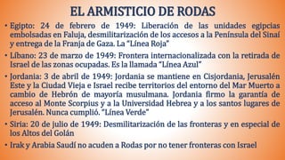 EL ARMISTICIO DE RODAS
• Egipto: 24 de febrero de 1949: Liberación de las unidades egipcias
embolsadas en Faluja, desmilitarización de los accesos a la Península del Sinaí
y entrega de la Franja de Gaza. La “Línea Roja”
• Líbano: 23 de marzo de 1949: Frontera internacionalizada con la retirada de
Israel de las zonas ocupadas. Es la llamada “Línea Azul”
• Jordania: 3 de abril de 1949: Jordania se mantiene en Cisjordania, Jerusalén
Este y la Ciudad Vieja e Israel recibe territorios del entorno del Mar Muerto a
cambio de Hebrón de mayoría musulmana. Jordania firmo la garantía de
acceso al Monte Scorpius y a la Universidad Hebrea y a los santos lugares de
Jerusalén. Nunca cumplió. “Línea Verde”
• Siria: 20 de julio de 1949: Desmilitarización de las fronteras y en especial de
los Altos del Golán
• Irak y Arabia Saudí no acuden a Rodas por no tener fronteras con Israel
 