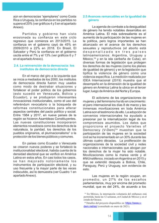 aún en democracias “ejemplares” como Costa
Rica o Uruguay, la conﬁanza en los partidos no
supera el 20% (ver gráﬁcos 4 y 5 en el apartado
Anexo).
Partidos y gobierno han visto
erosionada su conﬁanza en este ciclo
regresivo que comienza en 2013/2015. La
conﬁanza en el gobierno cayó de 45% en
2009/2010 a 22% en 2018. En Brasil, El
Salvador y Perú la conﬁanza en el gobierno
oscila entre el 7% y el 13% (ver gráﬁcos 6 y 7
en el apartadoAnexo).
2.4. La reinvención de la democracia: los
institutos de democracia directa
En países como Ecuador o Venezuela
se crearon nuevos poderes y se fortaleció la
institucionalidad electoral, habida cuenta de la
densidad electoral que se veriﬁcó en América
Latina en estos años. En casi todos los casos,
se han mejorado notoriamente los
instrumentos de participación electoral, y su
uso frecuente y la mayor parte de las veces
indiscutido, así lo demuestra (ver Cuadro 1 en
apartadoAnexo).
En el marco del giro a la izquierda que
se inicia a mediados de los 2000, los institutos
de democracia directa fueron muy usados
como modo de destrabar situaciones y
fortalecer el poder político de los gobiernos
(esto sucedió en Venezuela, Bolivia y
Ecuador), y se produjeron interesantes
innovaciones institucionales, como el uso del
referéndum revocatorio o la búsqueda de
reformas constitucionales para alterar
aspectos centrales del pacto político y social.
Entre 1984 y 2017, en nueve países de la
región se hicieron Asambleas Constituyentes.
Las nuevas constituciones incorporaron
elementos novedosos como los derechos de la
naturaleza, la paridad, los derechos de los
pueblos originarios, el plurinacionalismo” o la
protección de los bienes públicos y comunes.
El activismo de las organizaciones de
mujeres y del feminismo ha ido en crecimiento:
el paro internacional los días 8 de marzo y las
inmensas movilizaciones en toda América
Latina son el testimonio de ello. La adopción de
convenios internacionales ha ayudado a
presionar por la internalización legal de los
compromisos asumidos. Los datos que
proporciona el proyecto Varieties of
Democracy (V-Dem)¹⁴ muestran que la
participación de las mujeres en la sociedad
civil se ha incrementado en un 30% durante las
últimas cuatro décadas. La proliferación de
organizaciones de la sociedad civil y redes
nacionales e internacionales que abogan por
los derechos de la mujer ha sido notable.
Movilizaciones como la marea verde y el
#NiUnaMenos, iniciado enArgentina en 2015 y
que se extendió después a Bolivia, Chile,
Paraguay, Perú y Uruguay, son evidencia de
esto.
La agenda de combate a la desigualdad
de género ha tenido notables desarrollos en
América Latina. El más sobresaliente es el
aumento de la participación de las mujeres en
la política, pero logros importantes se han
alcanzado en el avance de los derechos
sexuales y reproductivos (el aborto está
d e s p e n a l i z a d o e n t r e s p a í s e s
latinoamericanos: Argentina, Uruguay y
México,¹³ y en la isla caribeña de Cuba), en
diversas formas de legislación que protegen
los derechos de las mujeres (como los planes
de igualdad de género) y en la legislación que
tipiﬁca la violencia de género como una
violencia especíﬁca. La medición realizada por
IDEA Internacional (2019) muestra que el
desempeño en la dimensión de la igualdad de
género en América Latina la ubica en el tercer
lugar, luego deAmérica del Norte y Europa.
2.5 Avances remarcables en la igualdad de
género
Las mujeres en la región ocupan, en
promedio, un 27% de los escaños
parlamentarios, muy por encima del promedio
mundial, que es del 24%, de acuerdo a los
En México, la interrupción voluntaria del embarazo está
permitida, hasta las 12 semanas, en Ciudad de México y en el
estadodeOaxaca.
Detalles del proyecto disponibles en: https://www.v-
dem.net/es/ (consultado en enero de 2021).
14
 