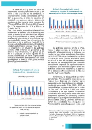 A partir de 2014 y 2015, las tasas de
crecimiento apenas promediaron 0,3% y en
2019, a las vísperas de la pandemia, el
estancamiento estaba consolidado (0,1%).
Con la pandemia, la crisis se agudiza, en
especial, en algunos países. Venezuela
encabeza la lista con una caída esperada del
PBI para 2020 de 30%, Perú de 13%, Panamá
del 11%, Argentina del 10% y México y
Ecuador del 9%.
Esta crisis aguda, producida por las medidas
económicas y sociales que se tomaron para
frenar la pandemia, se coloca sobre el telón de
fondo de economías que ya habían entrado en
una fase de estancamiento económico y que,
como resultado, habían visto el incremento del
desempleo y de la pobreza. Hacia 2018, la
tercera parte de la población deAmérica Latina
estaba bajo la línea de pobreza y más del 10%
se encontraba en situación de pobreza
extrema (185 millones de personas y 66
millones respectivamente, ver gráﬁco 2). En
2018 se produce un nuevo repunte de 2,3
puntos porcentuales. En 2019, se proyectaba
un nuevo incremento de la pobreza, con tasas
que llegarían al 30,8% y 11,5% para pobreza
general y pobreza extrema.
La pobreza, además, afecta a niñas,
niños y adolescentes, a mujeres y a la
población afrodescendiente e indígena en
mucha mayor medida que al resto. Con datos
de 2018, CEPAL aﬁrma que la incidencia de la
pobreza en estos grupos alcanzaba tasas
superiores al 40%. En los pocos países donde
se dispone de desagregación por condición
étnico-social (algo que las organizaciones de
la sociedad civil deberían exigir de todos los
sistemas estadísticos nacionales), la pobreza
en la población afrodescendiente o indígena
es entre 2 y 3 veces más alta.
Finalmente, la desigualdad que tanto
caracteriza a América Latina (sigue siendo la
región más desigual del mundo) cayó
sustancialmente durante la primera década y
media del nuevo siglo. Entre 2002 y 2018, la
desigualdad de ingresos medida por el índice
de Gini pasó de 0,538 a 0,465, una caída
considerable y, tal vez, apenas comparable
con la caída de la desigualdad en los años de la
postguerra. Argentina, El Salvador y Uruguay
son los países que registraron las caídas más
pronunciadas. Brasil y Colombia son los que
tienen las sociedades más desiguales de
América Latina. Los datos pueden verse en el
Gráﬁco 2. América Latina (18 países):
tasas de pobreza y pobreza extrema
(2002-2019) (en porcentajes) ⁶
Fuente: CEPAL (2019) a partir de la base
de Banco de Datos de Encuestas de Hogares
(BADEHOG).
(*) Valores correspondientes a
proyecciones.
Gráﬁco 3. América Latina (18 países):
personas en situación de pobreza y pobreza
extrema (2002-2019) (en millones de personas) ⁷
Fuente: CEPAL (2019) a partir de la base de
Banco de Datos de Encuestas de Hogares (BADEHOG).
(*) Valores correspondientes a proyecciones.
Promedio ponderado de los siguientes 18 países:Argentina,
Bolivia, Brasil, Chile, Colombia, Costa Rica, Ecuador, El
Salvador, Guatemala, Honduras, México, Nicaragua,
Panamá, Paraguay, Perú, República Dominicana, Uruguay
yVenezuela.
Ibídem.
05
 