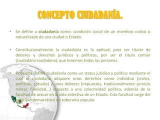 CONCEPTO CIUDADANÍA.
• Se define a ciudadanía como: condición social de un miembro nativo o
  naturalizado de una ciudad o Estado.

• Constitucionalmente la ciudadanía es la aptitud, para ser titular de
  deberes y derechos jurídicos y políticos, por ser el titulo común
  (ciudadana-ciudadana), que tenemos todas las personas.

• Podemos definir ciudadanía como un status jurídico y político mediante el
  cual el ciudadano adquiere unos derechos como individuo (civiles,
  políticos, sociales) y unos deberes (impuestos, tradicionalmente servicio
  militar, fidelidad...) respecto a una colectividad política, además de la
  facultad de actuar en la vida colectiva de un Estado. Esta facultad surge del
  principio democrático de soberanía popular.
 